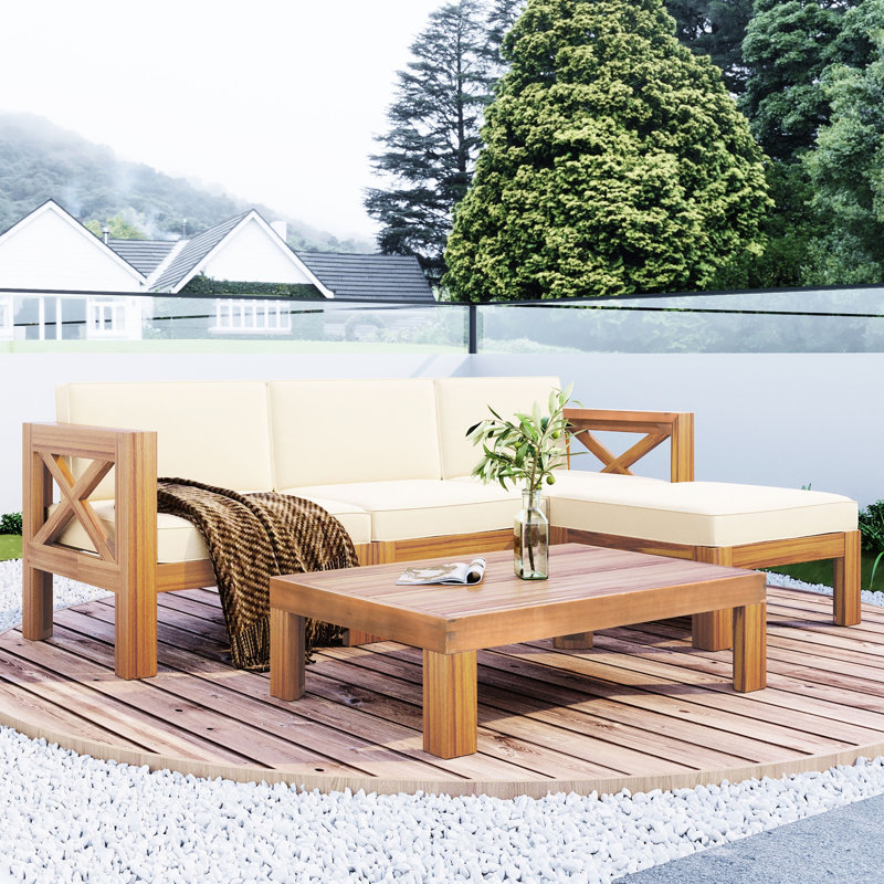 Ensemble de conversation modulaire d'extérieur pour patio, 5 pièces, bois franc, coussins beiges, modulaire de jardin pour l'extérieur