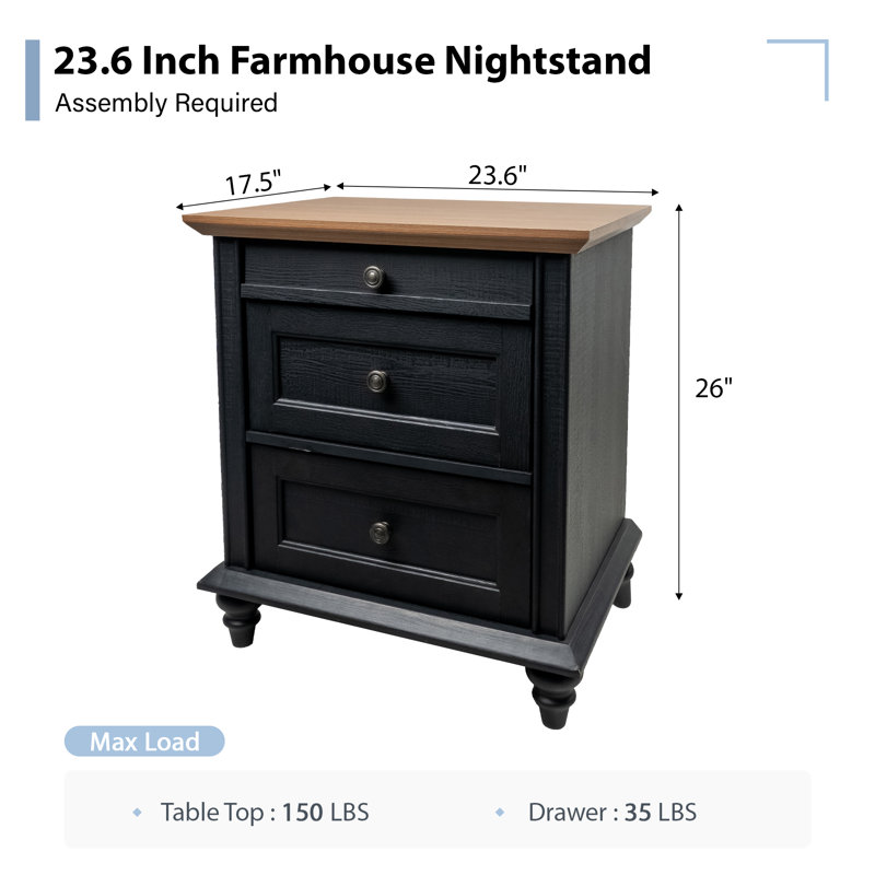 23.6" Modern Farmhouse Nightstand Solid Wood Leg Bedside Table With 3 Drawers & Large Tabletop, Black