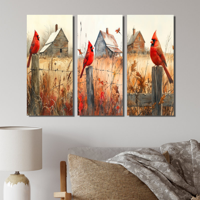 Oiseau cardinal par The Farmhouse I - Collection moderne de reproductions sur toile, Toile tendue, H 28 po x l 36 po