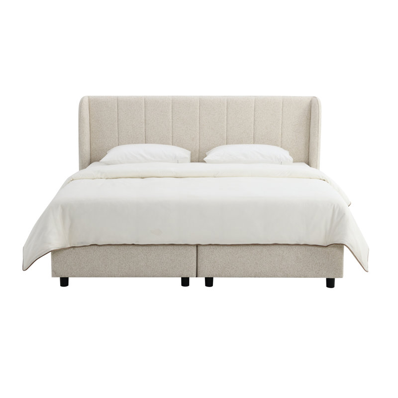 Grand lit en chenille beige Adonia avec rangement (matelas inclus)