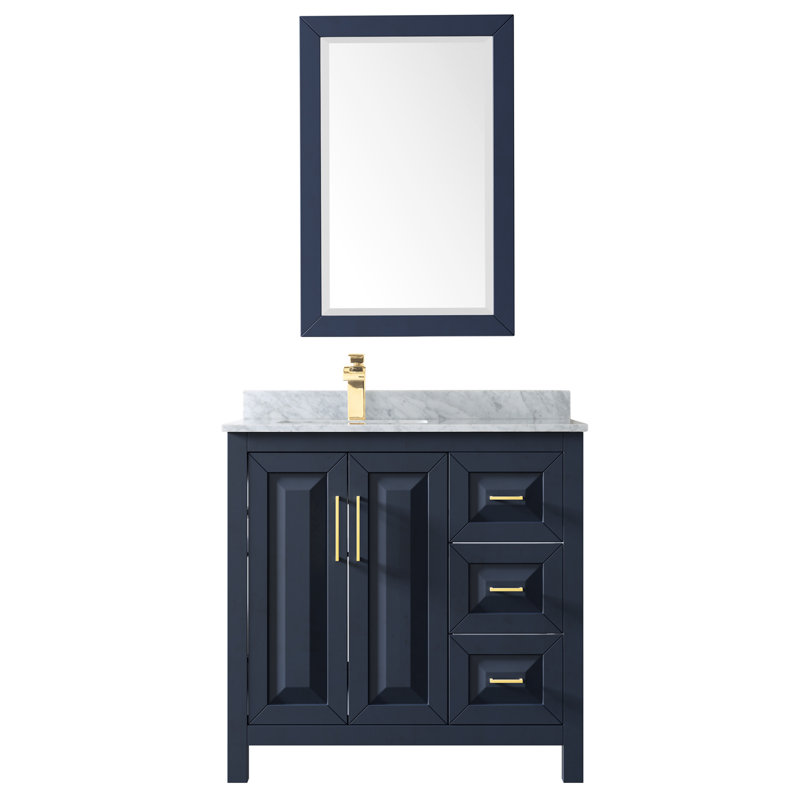 Daria 36'' W Single Vanity, White Marble, Dark Blue/Gold, Matte Black