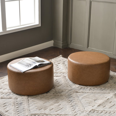 24" Wide Faux Leather Round Upholstered Ottoman Set Of 2