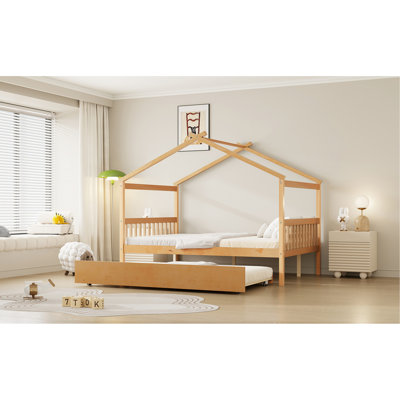 Lit double en bois pleine grandeur avec lit gigogne, pin massif, conception polyvalente pour lit simple avec structure solide, 2 têtes de lit, tables de chevet convenables dans la chambre à coucher