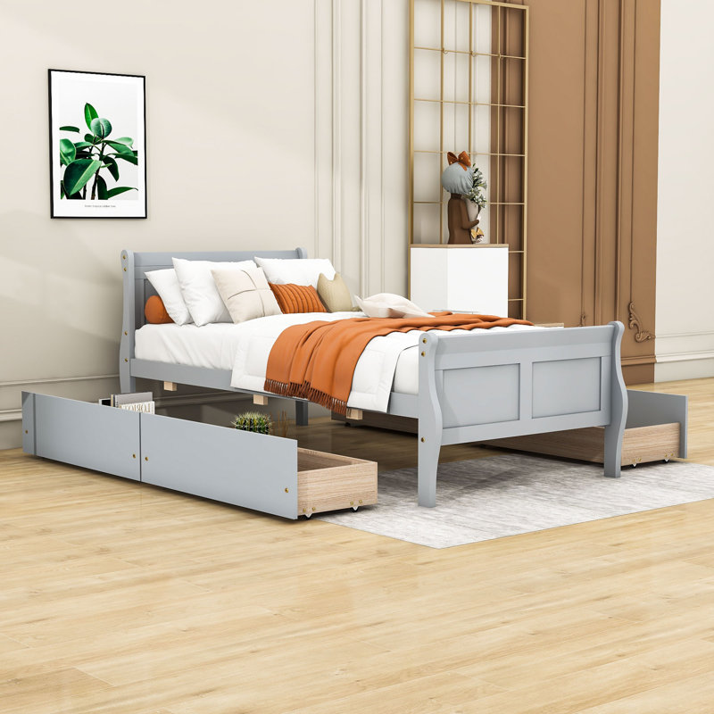Lit plateforme 4 tiroirs avec tête de lit et pied de lit, Lit simple, Gris