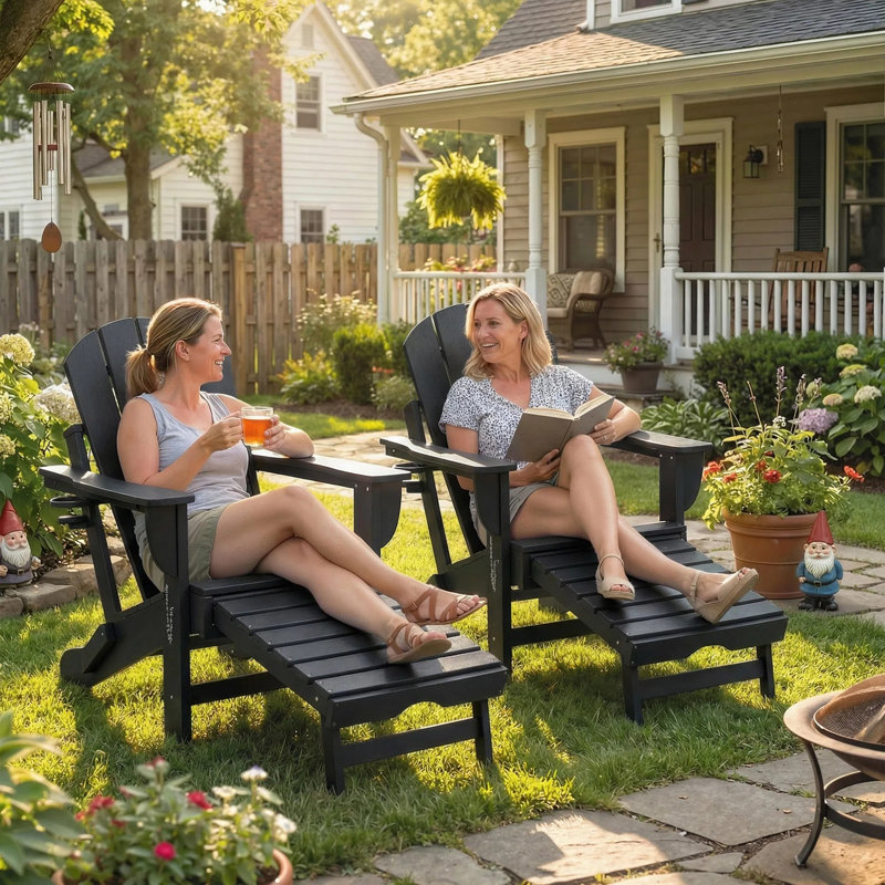 Folding Adirondack Chair Set Of 2, Hdpe Fire Pit Chair With Retractable Ottoman And Cup Holder, All-weather Outdoor Lounge Chairs For Patio, Garden, Poolside
