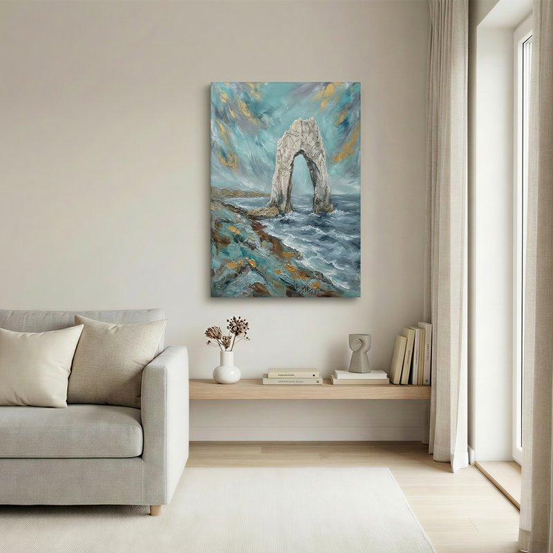 «Grey Stone Arch in Turquoise Sea and Gold Clouds», art mural sur toile, H 24 po x l 36 po
