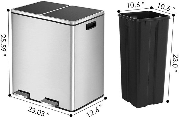 SONGMICS Dual Trash Can 16 Gal (60L) Rubbish Bin and 15 Trash Bags Metal  Step Bin with Dual Compartments Silver and Black 