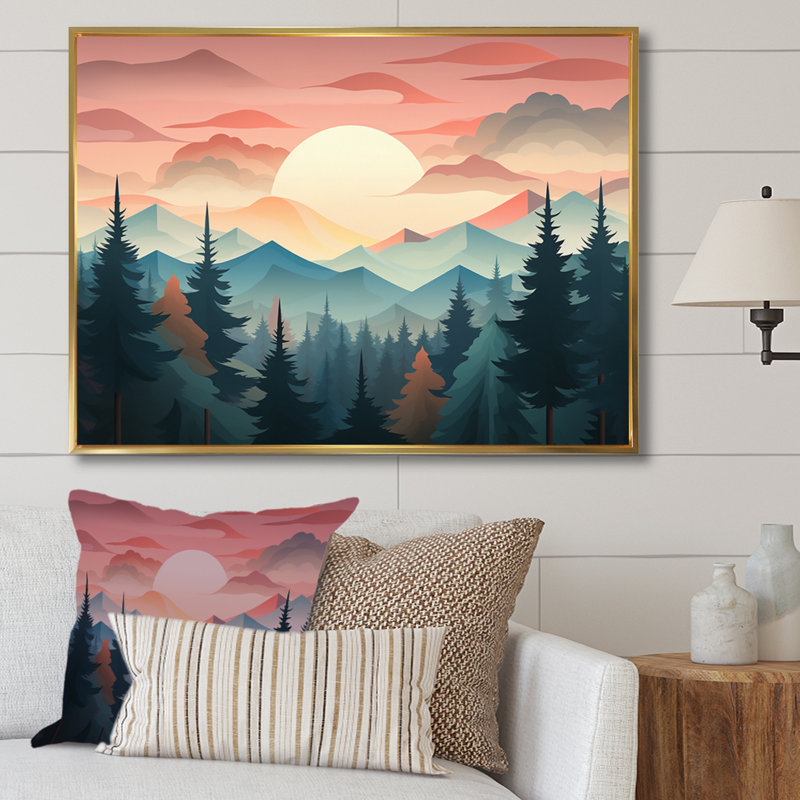 Montagnes rêvassant au coucher du soleil sur les arbres de la forêt I, H 16 po x l 32 po, Cadre flottant doré