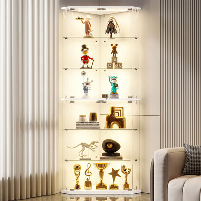 Vitrine d'angle moderne avec éclairage RVB contrôlé par l'application et tablettes en verre - Grande armoire vitrée avec serrure