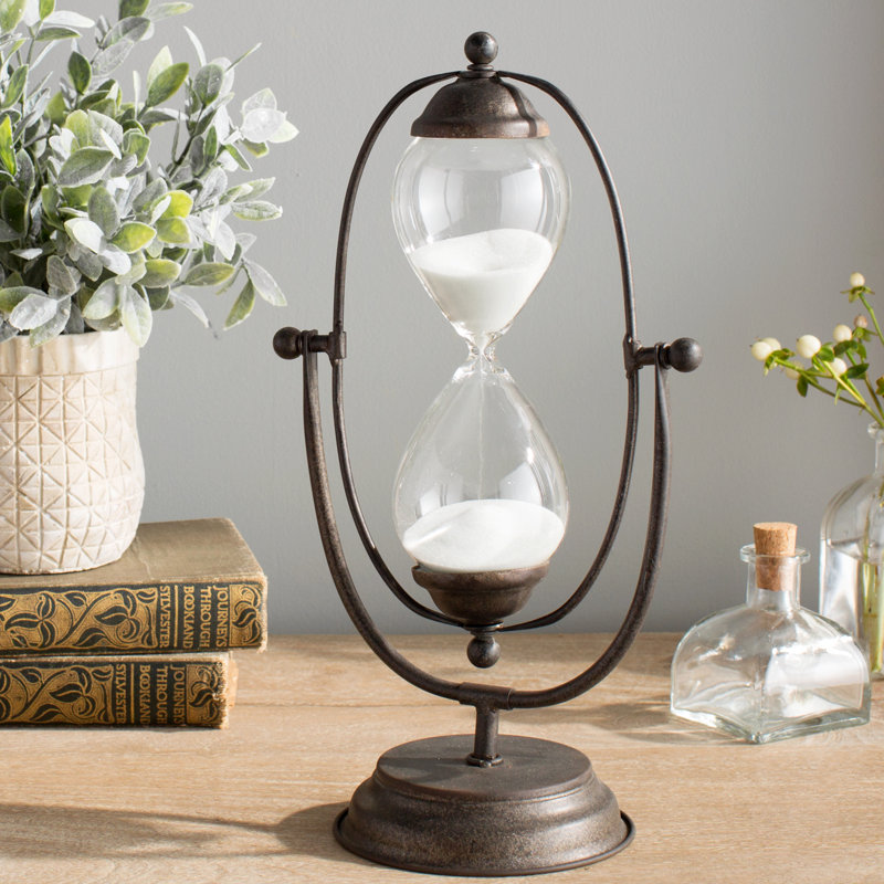 Decorative Rust Color Metal Hourglass with White Sand, Black