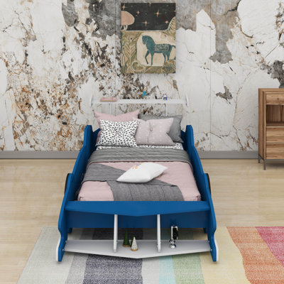 Race Car-Shaped Platform Bed With Wheels,Wooden Twin Size Race Car Bed Frame With Storage Shelves And Safety Rails