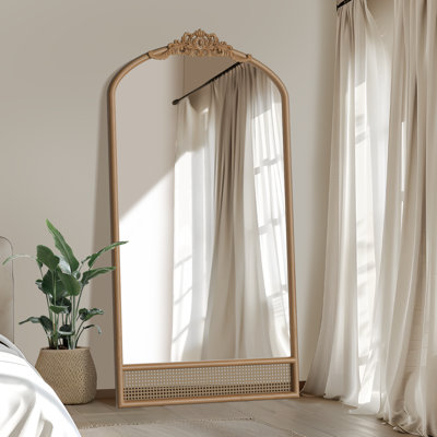 Arch Rattan Wood Mirror with Carved Design