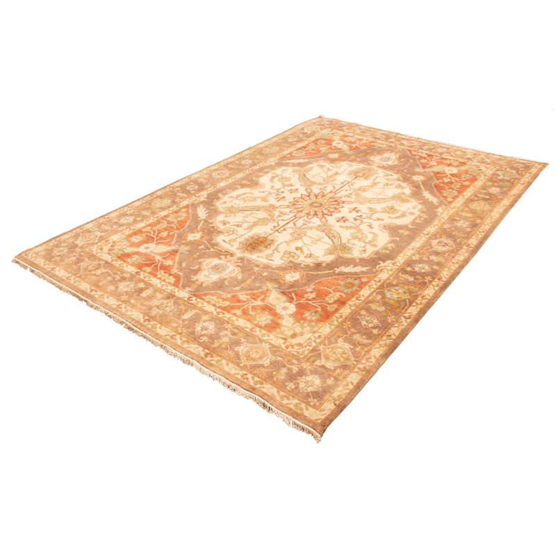 Tapis décoratif en laine brun clair de conception unique 8 pi 10 po x 13 pi 2 po Deyaneira noué à la main