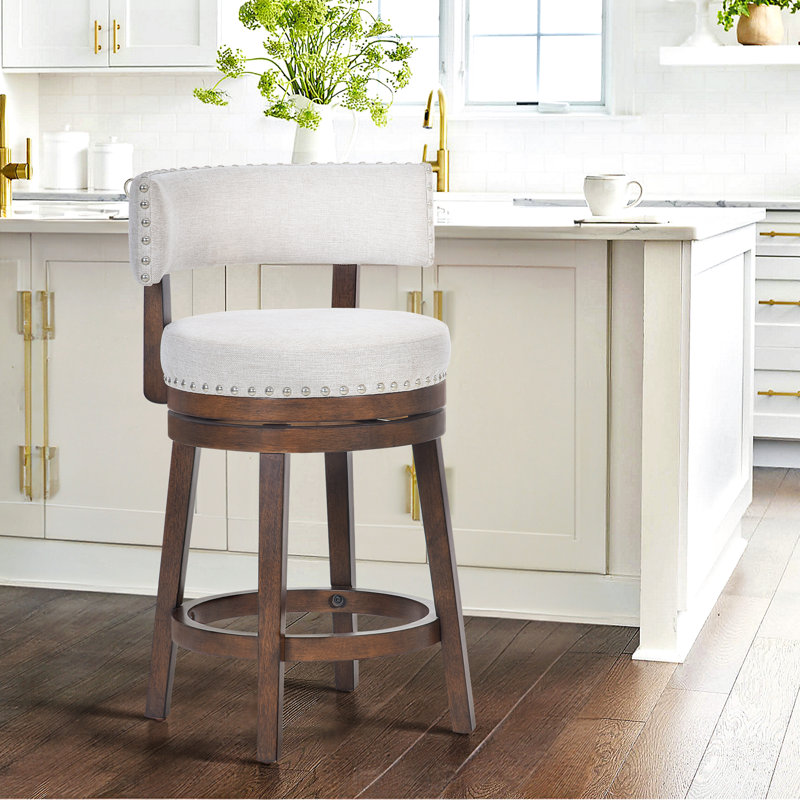 Tabouret de bar pivotant à 360 ° avec garniture cloutée, chaise de bar en bois massif pour îlot de cuisine, Beige