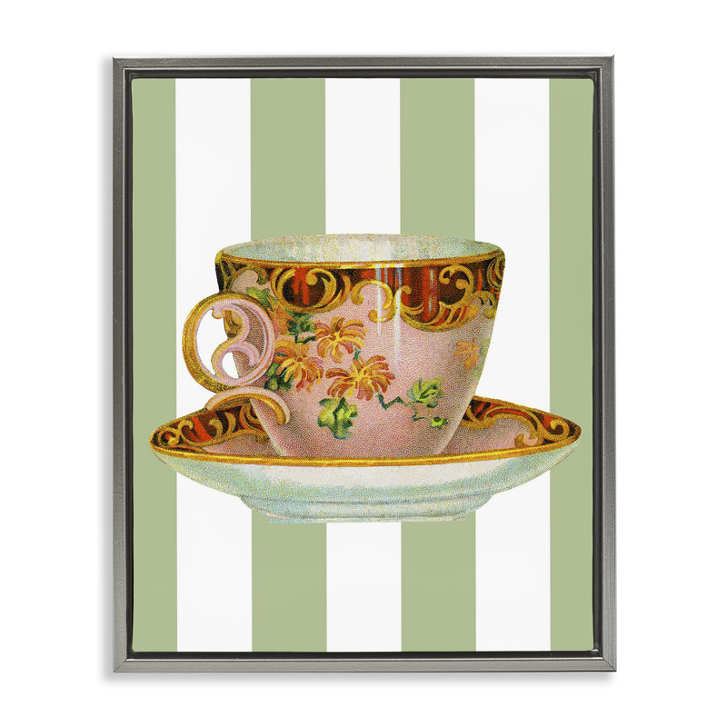 «Elegant Teacup on Green Stripes», art mural encadré sur toile flottante, design par Lil 'Rue, H 31 po x l 25 po