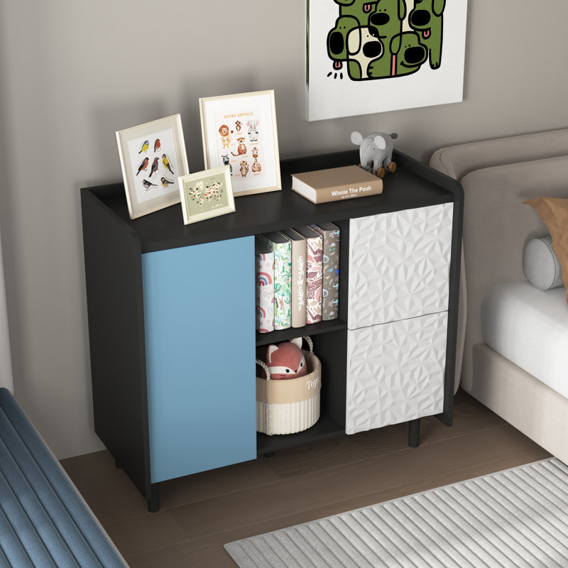 Sideboard Buffet Cabinet, Black Storage Cabinet With Red Doors, 2 Drawers With Unique Panel Styling And 2 Open Storage Compartment, Modern Coffee Bar Cabinet Accent Cabinet For Kitchen, Dining Room,