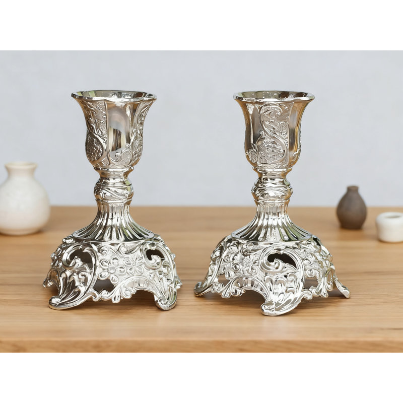 Premium Plated Candlestick Holders Set Of 2 With Elegant Engraved Floral Design For Home Decor Wedding And Special Occasions