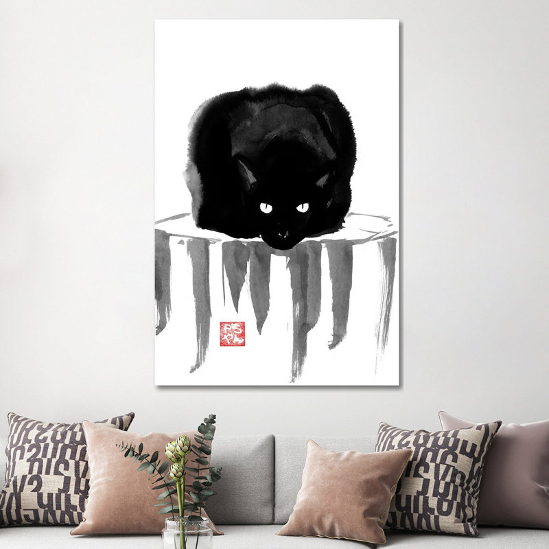 Black Cat On Wood by Péchane - Print on Canvas, Wrapped Canvas, 101.6 cm H x 66.04 cm W x 3.175 cm D