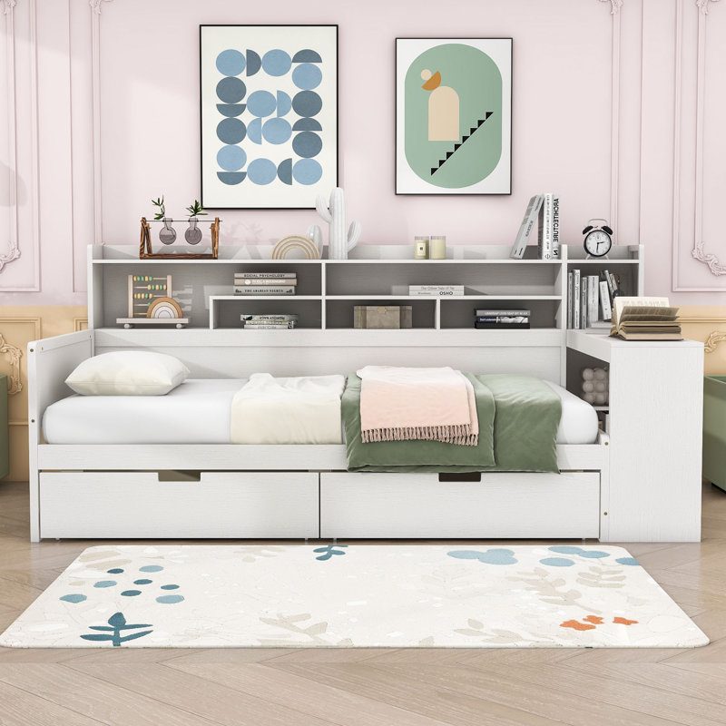 Multifunctional Wooden Daybed with Built-in Desk, Side Storage Shelves and Drawers, Twin, Antique White