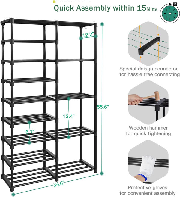 Two Rows Versatile Hooks 28-32 Pairs Shoe Rack Rebrilliant