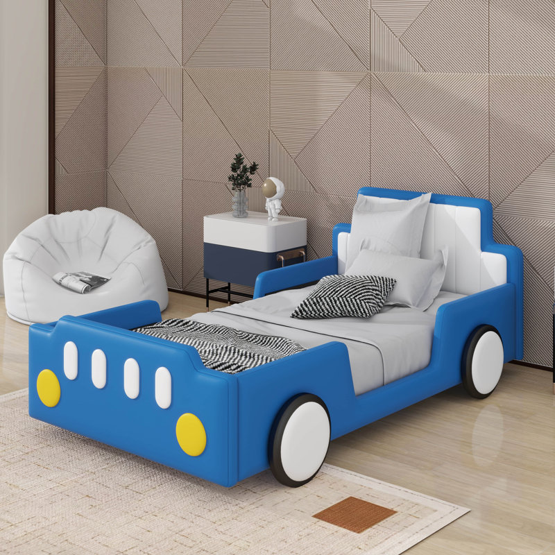Lit plateforme simple en forme de voiture avec roulettes, Bleu