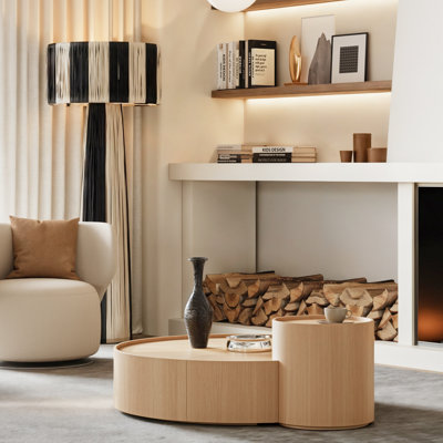 Anello 49" Modern Oak Coffee Table with Hidden Storage Drawer, Double-Ring Center Table for Living Room