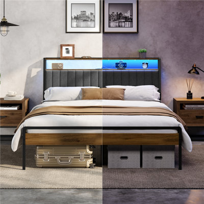Metal Bed Frame with Upholstered Storage Headboard 