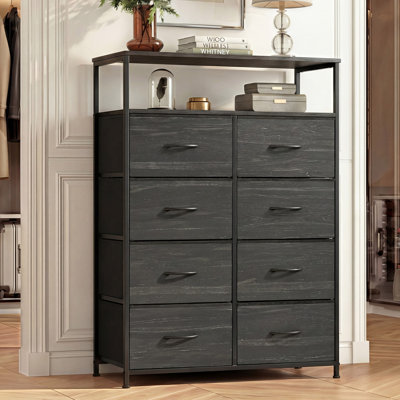 Commode noire à 8 tiroirs Ojaswi avec tablettes ouvertes, commode haute en bois, tour de rangement avec structure robuste, commode pour placard, couloir
