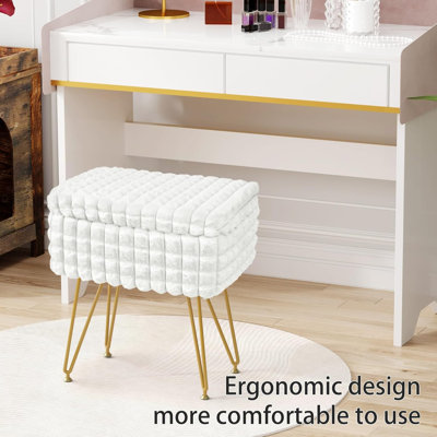 Chaise de coiffeuse en fausse fourrure, repose-pieds de rangement avec pieds en métal, tabouret de coiffeuse multifonctionnel avec pieds antidérapants, tabouret de pieds moderne en fausse fourrure de vison pour la salle de maquillage, la chambre à couc