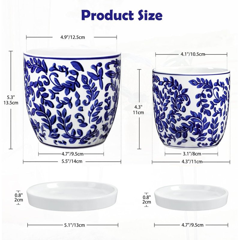 Ensemble de 2 jardinières en céramique bleue et blanche avec drainage et soucoupes