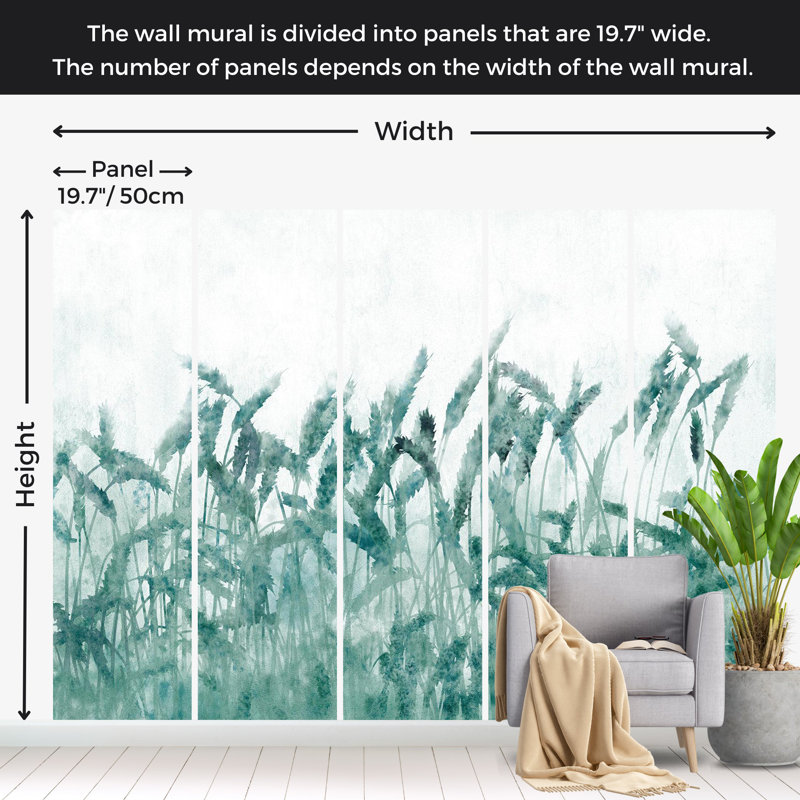 Papier peint floral - Épis bleus, L 124 po x l 177 po