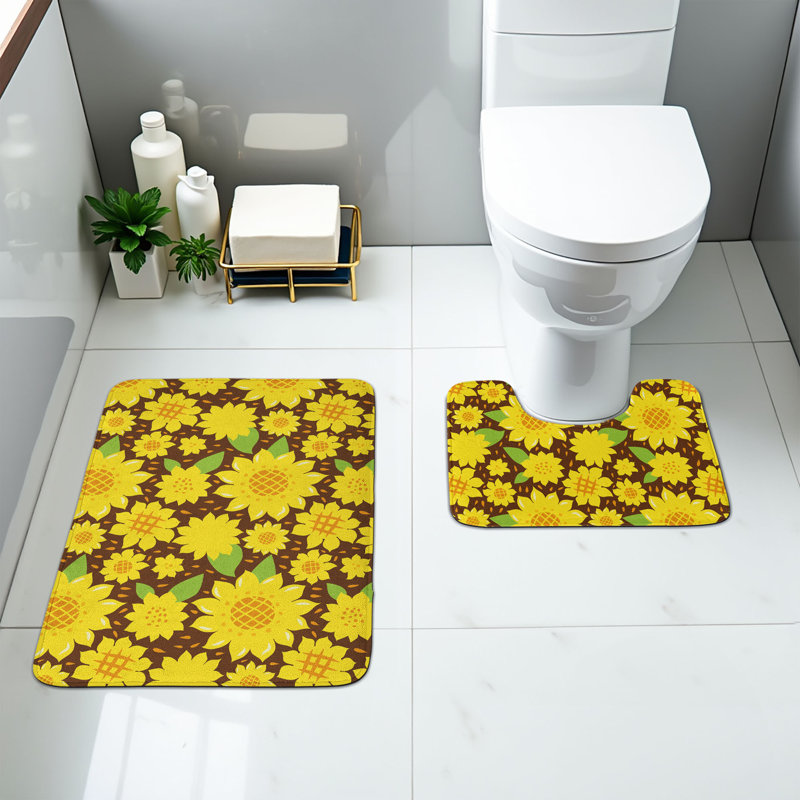 Sunflower Bathroom Rug Set 2 Pieces Rectangle & Contour Mats Yellow Brown