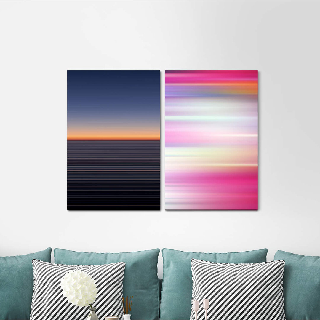 2-tlg. Leinwandbilder-Set - Grafikdruck „Horizon Evening Red Minimal Pink Pink Modern”