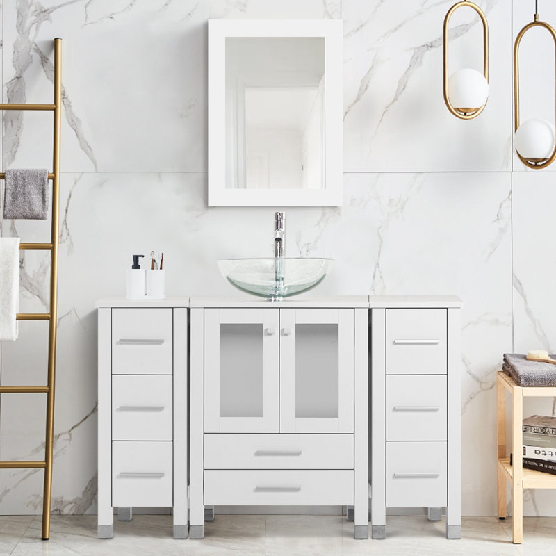 Getzel 48 Single Bathroom Vanity with Wood Top, Vessel Sink, Zinc Alloy Faucet, Solid Wood Legs, White, Clear
