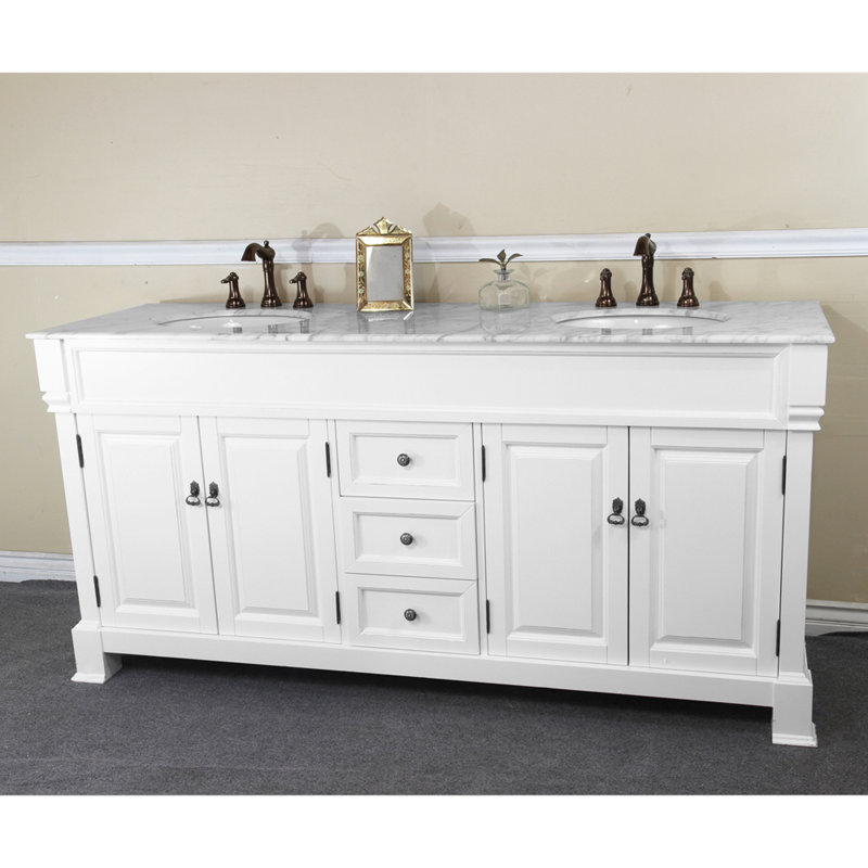 Ensemble de meuble-lavabo double 72 ", blanc, Marbre blanc