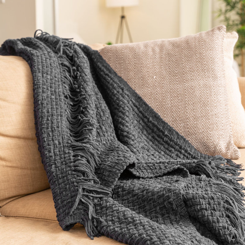 Chenille Hand Woven Throw Blanket, Charcoal