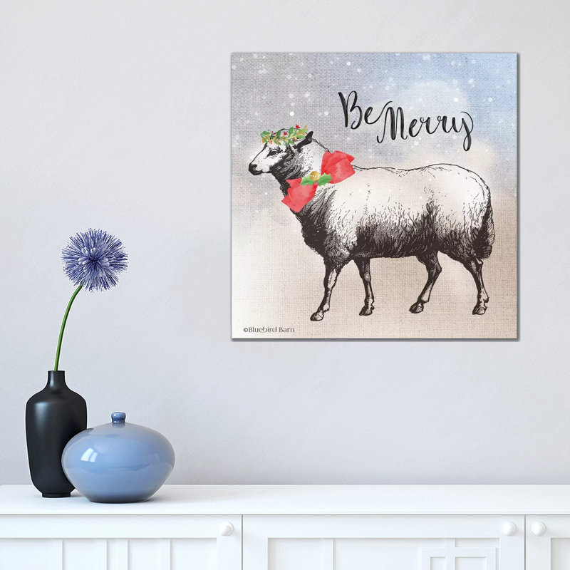 Vintage Christmas Be Merry Sheep by Bluebird Barn - Wrapped Canvas Painting, 45.72 cm H x 45.72 cm W x 1.91 cm D