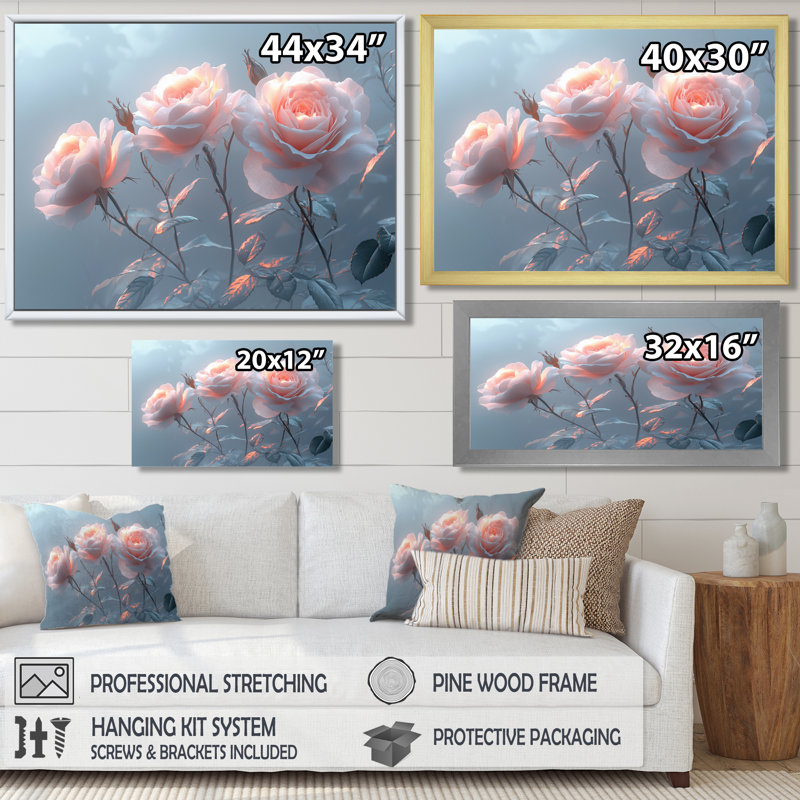 Lavande, roses, fleurs, matin I - Roses, art mural, H 12 po x l 20 po, Reproduction avec cadre flottant, Brun