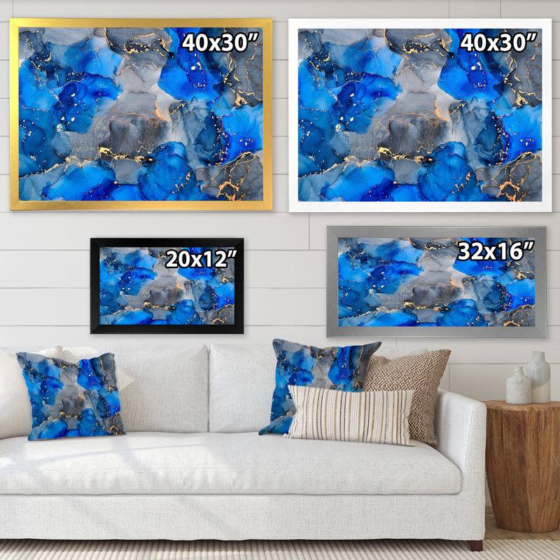 Bleu et gris luxueux abstrait fluide V - peinture sur toile, H 16 po x l 32 po x P 1 po, Cadre photo blanc