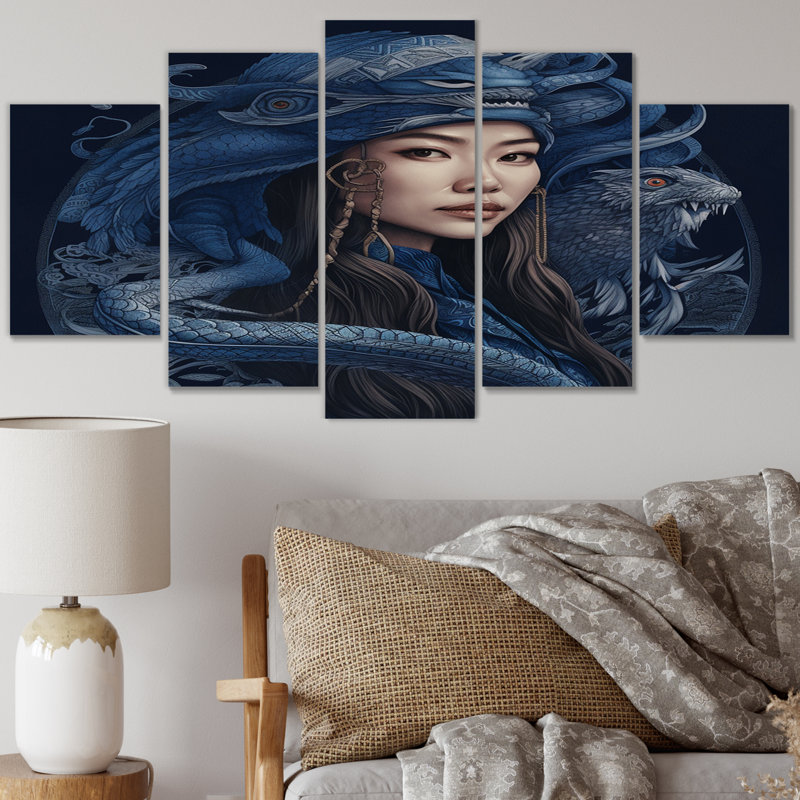 «Asian Native Japanese Ainu Goddess V», reproduction d'art sur toile femme asiatique - 5 panneaux