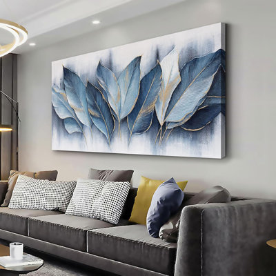 Framed Art Wall Decorations Blue Leaves Canvas Wall Art Abstract Art Modern Artwork For Living Room Bedroom Dining Room Home Office Decor 24"X48"