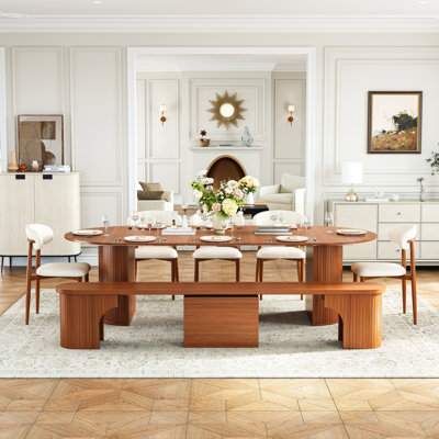45-105" Extendable Dining Table Set With 39-102" Storage Bench, 4-Stage Oval Table For 4-10, Space-Saving Kitchen Table With Internal Leaf Storage, Modern Minimalist