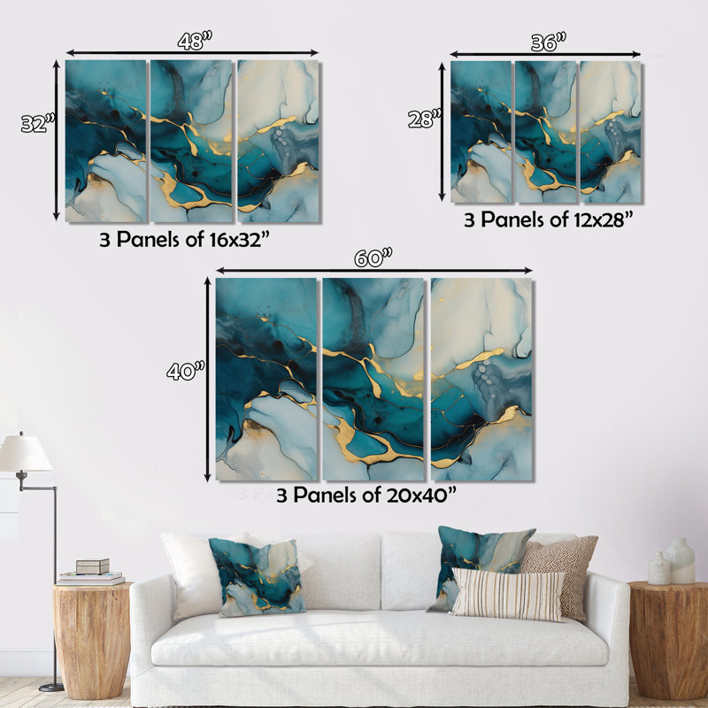 Turquoise doré infusé marbre IV sur toile, 3 pièces, H 28 po x l 36 po x P 1 po