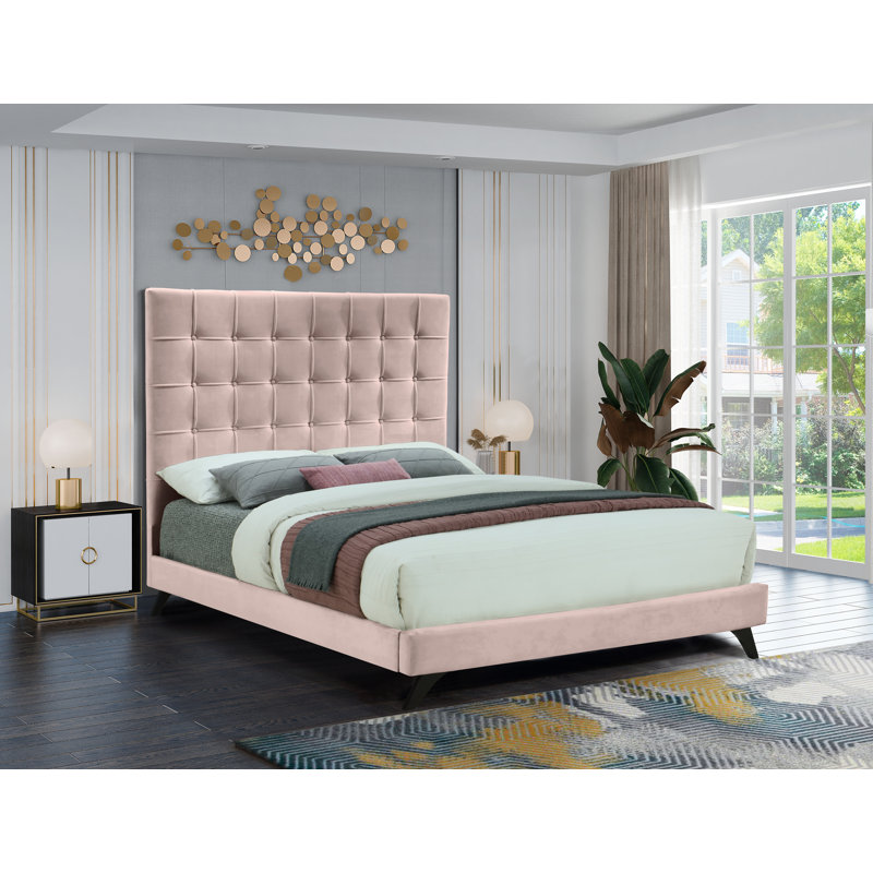 Lit plateforme tapissier Elly, Velours rose, Grand lit