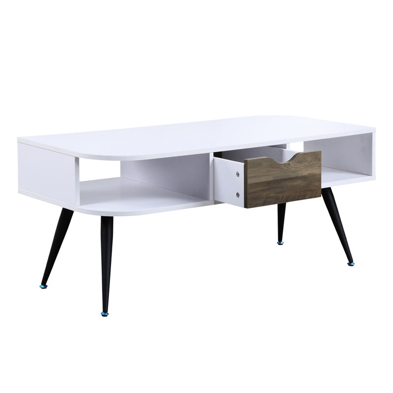 Rectangular Coffee Table, Storage Drawer, White And Black, Veneer, Metal Legs Edge, Tube
