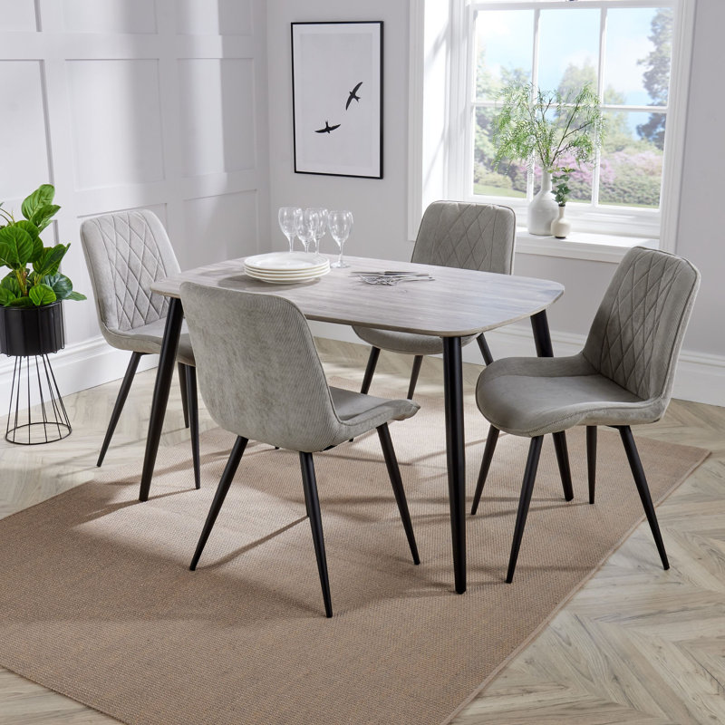 Aspen Rectangular Dining Table with 4 Diamond Stitch Upholstered Fabric Chairs - Modern Dining Set, Light Grey, Grey Oak