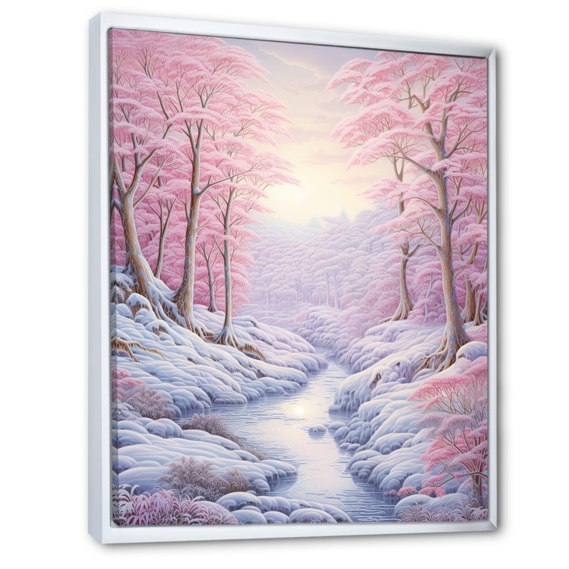 Kawaii paysage rivière d'hiver, H 20 po x l 12 po x P 1 po, Cadre flottant blanc