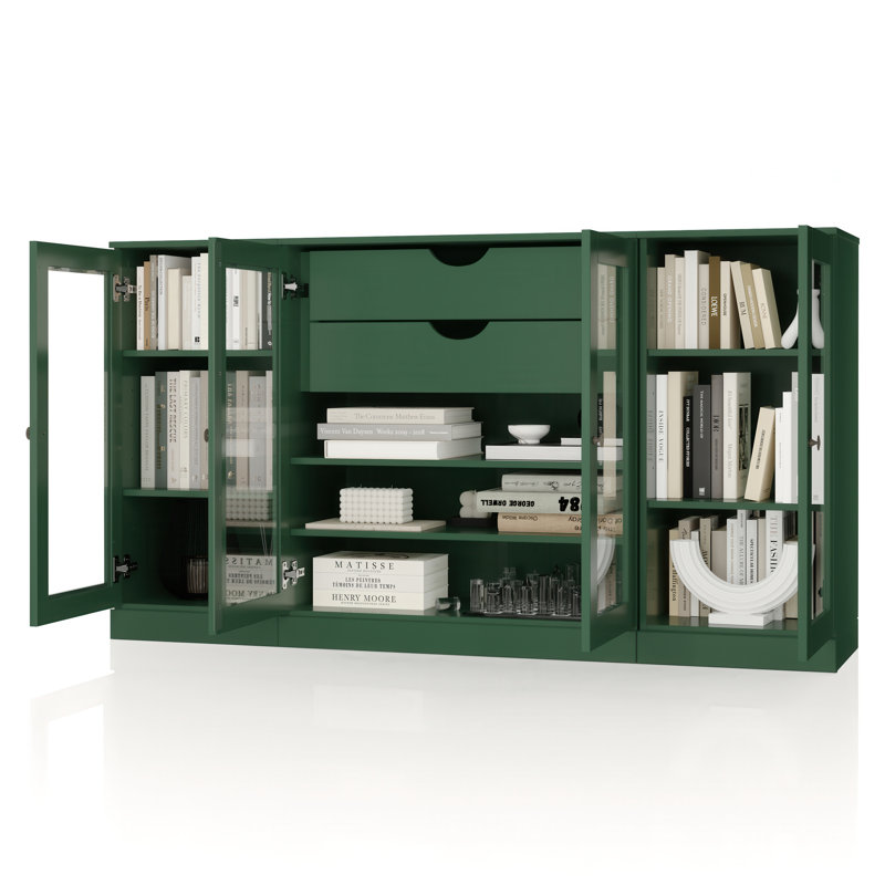 100% Solid Wood 65" Sideboard with Clear Glass Doors, 2-Drawers and Adjustable Shelves, Green