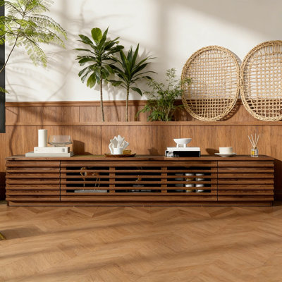 Mid-Century Modern Media Console with Slatted Front Design, Low Profile Living Room TV Console Storage Cabinet