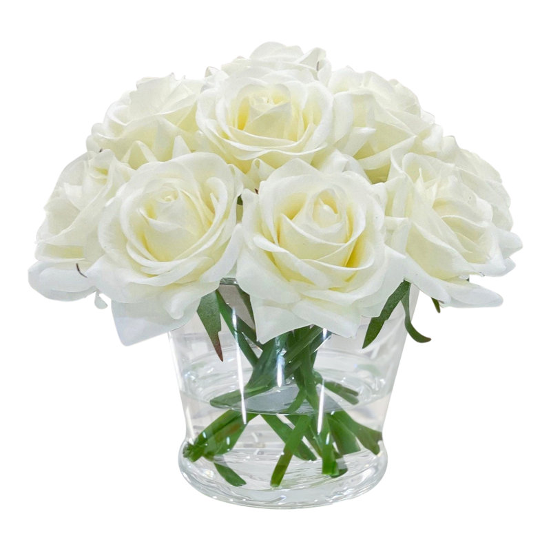 Real Touch Rose Arrangement In Round Glass Vase, Ivory Pink